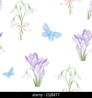 Lila Krokusse, Schneeglöckchen und Schmetterlinge. Handgezeichnete Illustration, nahtloses Muster auf weiß. Frühlingsblumenhintergrund für Stoff, Tapeten Stockfoto