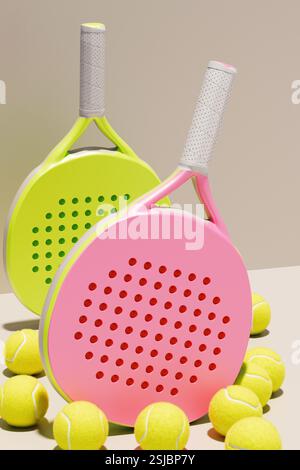 Bunte Paddles Padel Tennis und gelbe Bälle, perfekt für einen unterhaltsamen Tag im Freien. 3D-Rendering Stockfoto