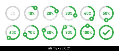 Infografik-Symbol. Kreis und Prozess0 werden auf 100 Prozent geladen. Vektorillustration in grüner Farbe. Stock Vektor