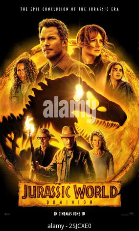 Jurassic World Dominion Jahr : 2022 USA Regie : Colin Trevorrow DeWanda Wise, Chris Pratt, Bryce Dallas Howard, Isabella Premon, Jeff Goldblum, Sam Neill, Laura Dern britisches Poster Stockfoto