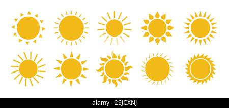 Set mit Sonnensymbol im Silhouettendesign. Solarisolierte Ikone, Sonnenschein, Sonnenuntergang Kollektion. Vektorabbildung. Stock Vektor
