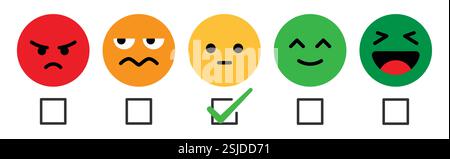 Emoji-Bewertungssymbol, Feedback Verbraucher- oder Kundenbewertung, Kontrollkästchen Emoji-Set, Kundenfeedback. Vektorabbildung. Stock Vektor