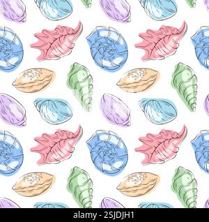 Nahtloses Muschelmuster im flachen Stil. Handgezeichnetes Sommermeer-Design für Textil, Verpackung, Karte auf weißem Hintergrund. Stock Vektor