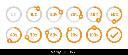 Infografik-Symbol, Ladekreisläufe 0 bis 100 Prozent Ladevorgang in orangefarbener Farbe. Vektorabbildung. Stock Vektor