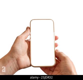 Hände der Person, die das modile Telefon hält, isolierten Ausschnitt auf weiß Stockfoto