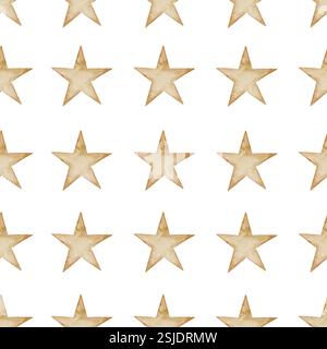 Nahtloses Aquarellmuster mit beigen Sternen auf isoliertem Hintergrund. Illustration des Hintergrunds für kindliches Geschenkpapier oder Geschenkpapier für Kinder. Retro-Hintergrund für das Kinderzimmer. Stockfoto