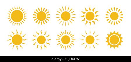 Set mit Sonnensymbol im Silhouettendesign. Solarisolierte Ikone, Sonnenschein, Sonnenuntergang Kollektion. Stock Vektor