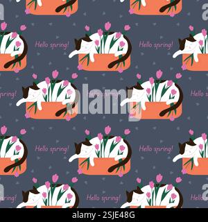 Nahtloses Muster einer niedlichen schlafenden Katze in einem Blumentopf mit Tulpe und Herz mit Text Hello Spring in flachem Stil. Perfekt für die saisonale Einrichtung, Stoff Stock Vektor