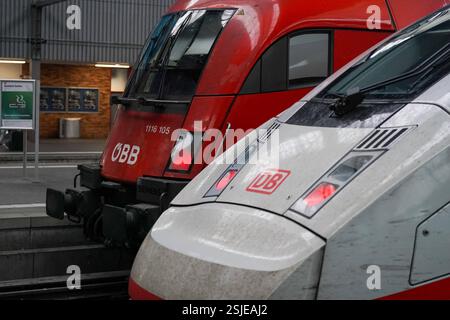 11.02.2025 - Deutschland, Europa: Zug der Deutschen Bahn DB und Lokomotive der Österreichischen Bundesbahnen ÖBB nebeneinander im Bahnhof, internationale Bahnverbindungen, moderner Schienenverkehr, nachhaltige Mobilität, Europäische Kooperation im Fernverkehr, Bahnhofsatmosphäre, Siemens-Zugtechnologie. *** 11 02 2025 Deutschland, Europa Deutsche Bahn DB und Österreichische Bundesbahnen ÖBB-Lokomotive nebeneinander im Bahnhof, internationale Bahnverbindungen, moderner Schienenverkehr, nachhaltige Mobilität, europäische Zusammenarbeit im Fernverkehr, Bahnhofsatmosphäre, Siemens-Zugtechnik Stockfoto