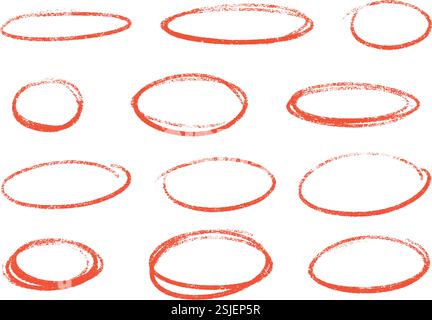 Buntstift-Highlight-Set mit kreidestrukturierten roten Rahmen. Stock Vektor