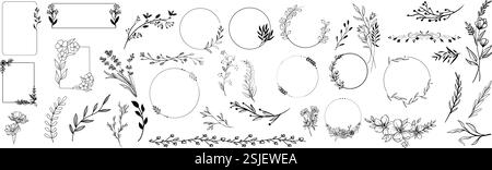 Elegante Kollektion mit botanischen Rahmen und Blumenelementen Stock Vektor