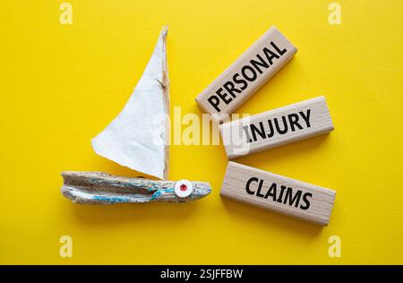 Symbol für Personenschäden. Konzeptworte Personenschäden an Holzklötzen. Schöner gelber Hintergrund mit Boot. Geschäftskonzept und Pers Stockfoto