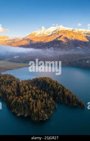 Blick aus der Vogelperspektive auf den Sils See und die Halbinsel im Herbst. Sils im Engadin/Segl, Engadin, Schweiz, Kanton Graubünden. Stockfoto