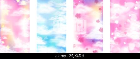 Traumhafter Himmel mit Wolken, Sternen und Herzen. Illustration des weichen Vektors. Stock Vektor