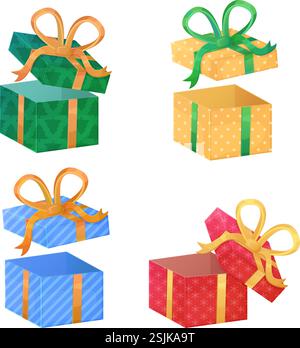 Bunte Weihnachten geöffnete Geschenkboxen mit Bögen, Stock-Vektor-Illustration in flacher Karikatur-Art. Stock Vektor