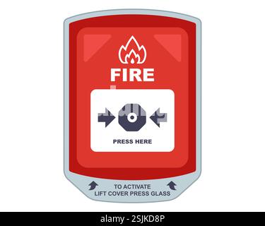 Brandmeldeanlage an der Wand für Brandalarm. Drücken Sie den Knopf, wenn Sie feuern. Vorsicht vor Feuer. Stock Vektor