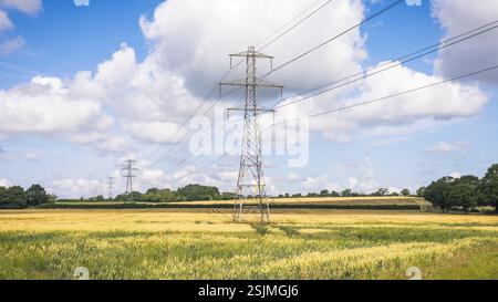 Strommasten vor blauem Himmel in der ländlichen Landschaft. National Grid, Buckinghamshire, Vereinigtes Königreich Stockfoto