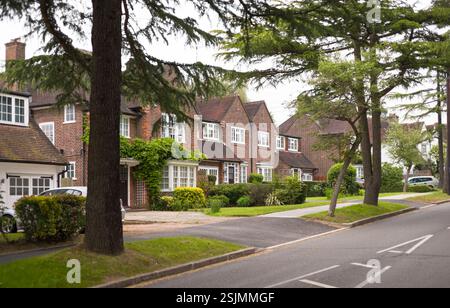 Reihe von Doppelhaushälften in einem Naturschutzgebiet eines Londoner Vorortes. Pinner, London, Großbritannien Stockfoto