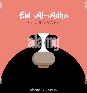 Eine schwarze Kuh mit einem weißen Gesicht und eine schwarze Kuh mit einem weißen Gesicht und Text, auf dem steht eid al adha Stock Vektor