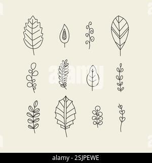 Satz von Blättern und Verzweigung. Umreißen Sie Palmenblätter und Olivenzweige in einem trendigen minimalistischen Stil Stock Vektor
