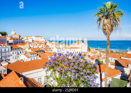 Blick auf die Dächer und die Skyline des Alfama-Viertels, dem ältesten Viertel von Lissabon in Portugal Stockfoto