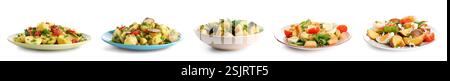 Set mit leckeren Kartoffelsalaten auf weißem Hintergrund Stockfoto