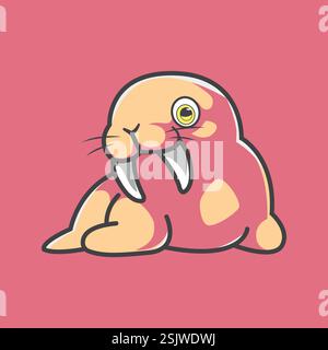 Ein Walrus mit weißen Stoßzähnen sitzt auf rosa Hintergrund Stock Vektor