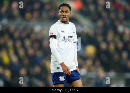 Jayden Meghoma von Preston North End sieht beim Sky Bet Championship Match Norwich City gegen Preston North End an der Carrow Road, Norwich, Großbritannien, 11. Februar 2025 (Foto: Izzy Poles/News Images) Stockfoto