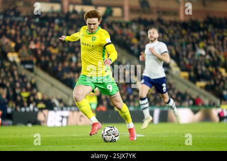 Norwich, Großbritannien. Februar 2025. Josh Sargent von Norwich City drehte während des Sky Bet Championship Matches Norwich City gegen Preston North End in der Carrow Road, Norwich, Vereinigtes Königreich, 11. Februar 2025 (Foto: Izzy Poles/News Images) in Norwich, Vereinigtes Königreich am 11. Februar 2025. (Foto: Izzy Poles/News Images/SIPA USA) Credit: SIPA USA/Alamy Live News Stockfoto