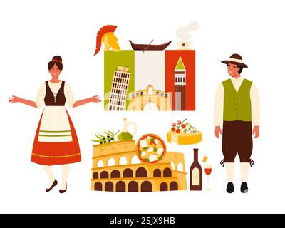 Reisen Sie nach Italien Infografik-Poster-Collage mit Italienern in traditioneller Kleidung und Koch-Pizza, große Flagge mit kulturellen Elementen und berühmtes Wahrzeichen für touristische Comic-Vektor-Illustration Stock Vektor