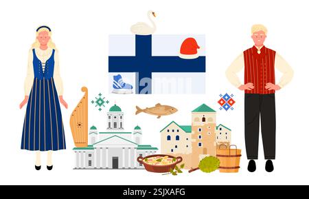 Reisen Sie nach Finnland, finnische nationale Kulturelemente und Speisen, Wahrzeichen in Infografik-Collage. Finn Mann und Frau in traditioneller Kleidung und Folklore Muster, Flagge, Theater Cartoon Vektor Illustration Stock Vektor