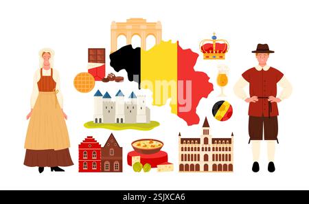Reisen Sie nach Belgien, Infografik-Collage mit Touristenattraktionen und Speisen. Belgischer Mann und Frau in nationalen Kleidern, Kulturelementen und traditionellen Häusern, Schokolade Cartoon Vektor Illustration Stock Vektor