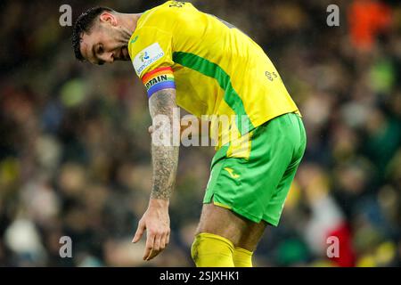 Norwich, Großbritannien. Februar 2025. Shane Duffy von Norwich City reagiert beim Sky Bet Championship Match Norwich City gegen Preston North End in der Carrow Road, Norwich, Vereinigtes Königreich, 11. Februar 2025 (Foto: Izzy Poles/News Images) in Norwich, Vereinigtes Königreich am 11. Februar 2025. (Foto: Izzy Poles/News Images/SIPA USA) Credit: SIPA USA/Alamy Live News Stockfoto