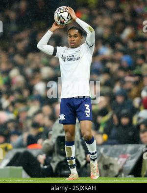 Norwich, Großbritannien. Februar 2025. Jayden Meghoma von Preston North End in Aktion während des Sky Bet Championship Matches Norwich City gegen Preston North End in Carrow Road, Norwich, Vereinigtes Königreich, 11. Februar 2025 (Foto: Izzy Poles/News Images) in Norwich, Vereinigtes Königreich am 11. Februar 2025. (Foto: Izzy Poles/News Images/SIPA USA) Credit: SIPA USA/Alamy Live News Stockfoto