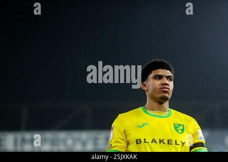 Norwich, Großbritannien. Februar 2025. Lucien Mahovo von Norwich City reagiert beim Sky Bet Championship Match Norwich City gegen Preston North End in der Carrow Road, Norwich, Vereinigtes Königreich, 11. Februar 2025 (Foto: Izzy Poles/News Images) in Norwich, Vereinigtes Königreich am 11. Februar 2025. (Foto: Izzy Poles/News Images/SIPA USA) Credit: SIPA USA/Alamy Live News Stockfoto