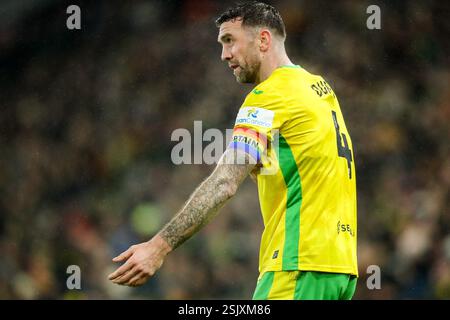 Norwich, Großbritannien. Februar 2025. Shane Duffy von Norwich City reagiert beim Sky Bet Championship Match Norwich City gegen Preston North End in der Carrow Road, Norwich, Vereinigtes Königreich, 11. Februar 2025 (Foto: Izzy Poles/News Images) in Norwich, Vereinigtes Königreich am 11. Februar 2025. (Foto: Izzy Poles/News Images/SIPA USA) Credit: SIPA USA/Alamy Live News Stockfoto