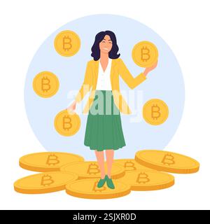 Kaufen und verkaufen Sie Bitcoin, Exchange und Mining von Kryptowährung, Kryptographie. Winzige glückliche Frau, die große Bitcoin hält, reicher Investorencharakter, der auf einem Stapel von Goldmünzen-Karikaturvektorillustration steht Stock Vektor