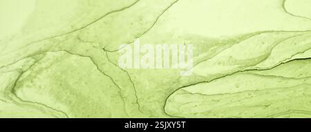 Abstrakte flüssige Kunst Hintergrund hellgrüne Farben. Flüssiger Marmor. Acrylmalerei auf Leinwand mit olivfarbenem Farbverlauf und Spritzer. Alkoholtinte Hintergrund mit Stockfoto