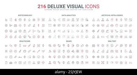 Forschung im Gesundheitswesen und in der Biotechnologie, Algorithmen und Tools für Datenanalysen, KI-Liniensymbole. Werkstattgetriebe und Zahnräder, technischer Service dünne schwarze und rote Umrisssymbole Vektorillustration Stock Vektor