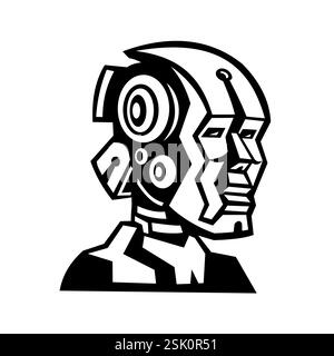 Maskottchen-Illustration des Kopfes eines männlichen humanoiden Roboters Cyborg von der Seite auf isoliertem Hintergrund im schwarz-weißen Retro-Stil gesehen. Stock Vektor