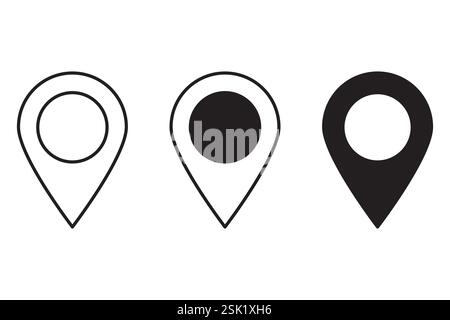Symbole für Positionsstifte. Minimale Kartenmarkierungen. Schwarzweißes Set. Vektorabbildung. Stock Vektor
