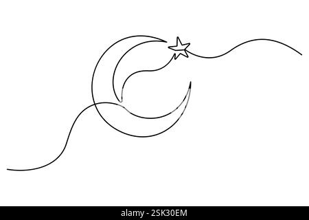 Durchgehende einzeilige Zeichnung der Vektorillustration Mond- und Sternumrandung Stock Vektor