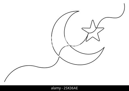 Durchgehende einzeilige Zeichnung der Vektorillustration Mond- und Sternumrandung Stock Vektor