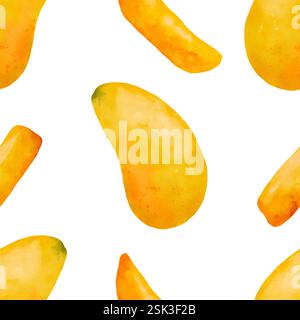 Farbenfrohe und lebendige Mangomuster eignen sich perfekt für tropische Designs und Projekte rund um Sommermotive. Nahtloses Aquarellmuster für den Druck auf Stoff und Papier. Stockfoto