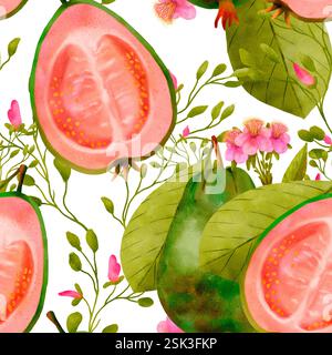 Ein wunderschönes, lebendiges Muster mit einer Auswahl an saftigen Guave-Scheiben und zarten und schönen Blumen. Nahtloses Aquarellmuster für den Druck auf Stoff und Papier. Stockfoto