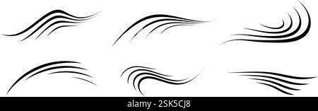 Bewegungslinie des fließenden Windes. Air Wave Shape Kollektion. Blowing Hurrikan, Brise oder Sturmlinien Konzept. Schwarze Wirbel und Kurven bündeln sich. Vektorströmungsbewegung und Böen-Symbol-Paket Stock Vektor
