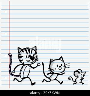 Karikaturkatze, Kätzchen und Maus laufen glücklich zusammen Stock Vektor