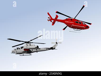 Zwei Krankenwagen und ein Militärhubschrauber. Vektor 3D handgezeichnete Illustration Stock Vektor