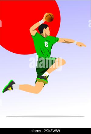 Handballspieler-Silhouette. 3D-Farbvektor handgezeichnete Illustration Stock Vektor