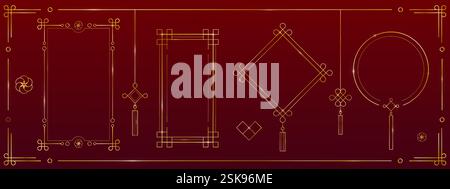 Goldene chinesische dekorative Rahmen mit traditionellen ornamentalen Elementen und Quasten auf rotem Hintergrund. Orientalische geometrische Ränder mit Quadraten, Kreisen, Knoten Mustern. Luxuriöse asiatische Designmotive. Stock Vektor